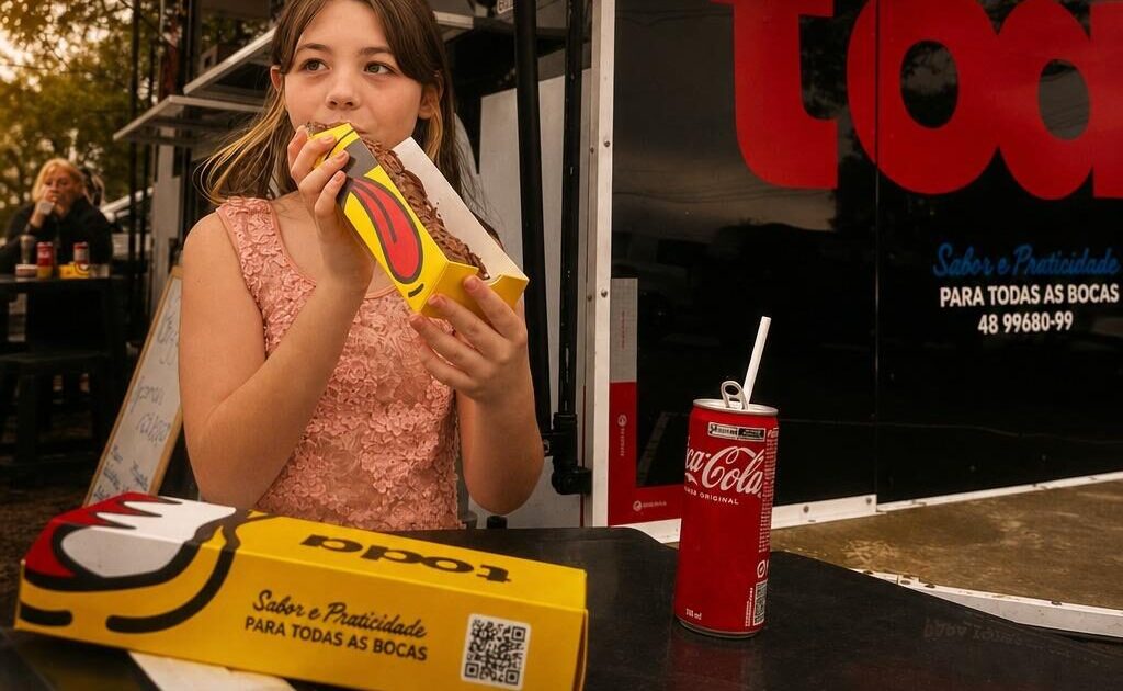 Cliente saboreando pizza Toda Pizza em show